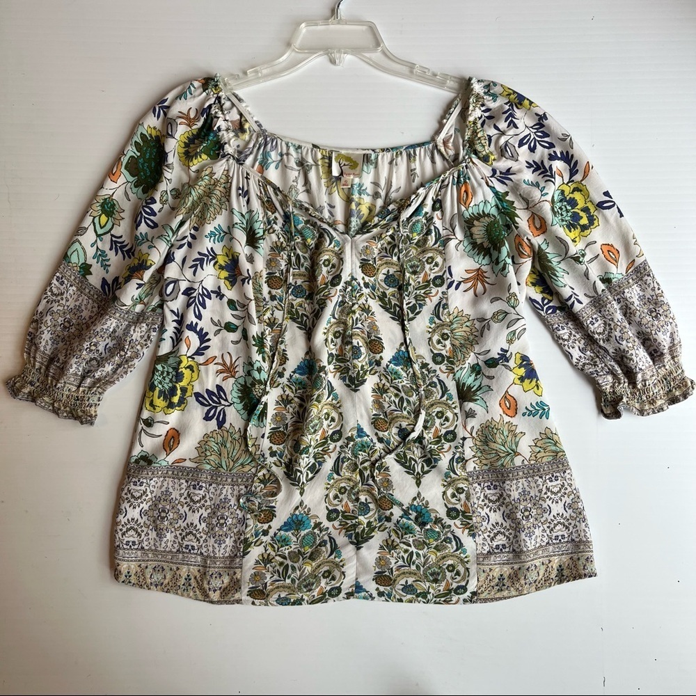 Anthropologie Fig and Flower Peasant Top Floral shirt blouse S Boho